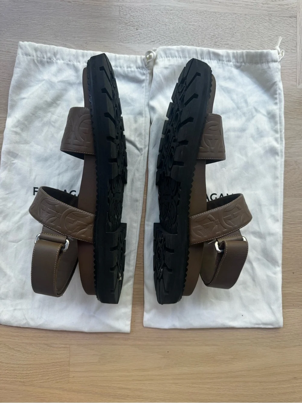 Ferragamo Notorius Leather Gancini Strap Sandals Brown Mens
